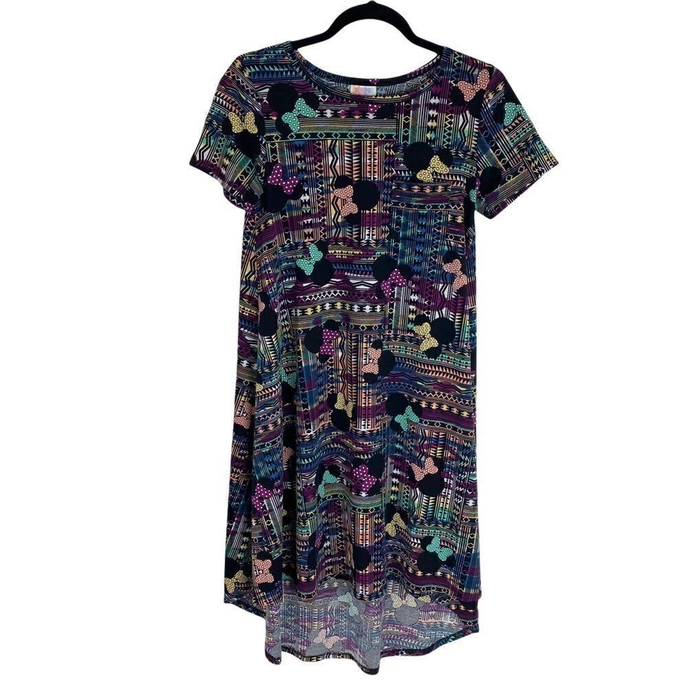 LuLaRoe Carly T-Shirt Dress Disney Minnie Mouse Geometric, Size XXS Teal Purple